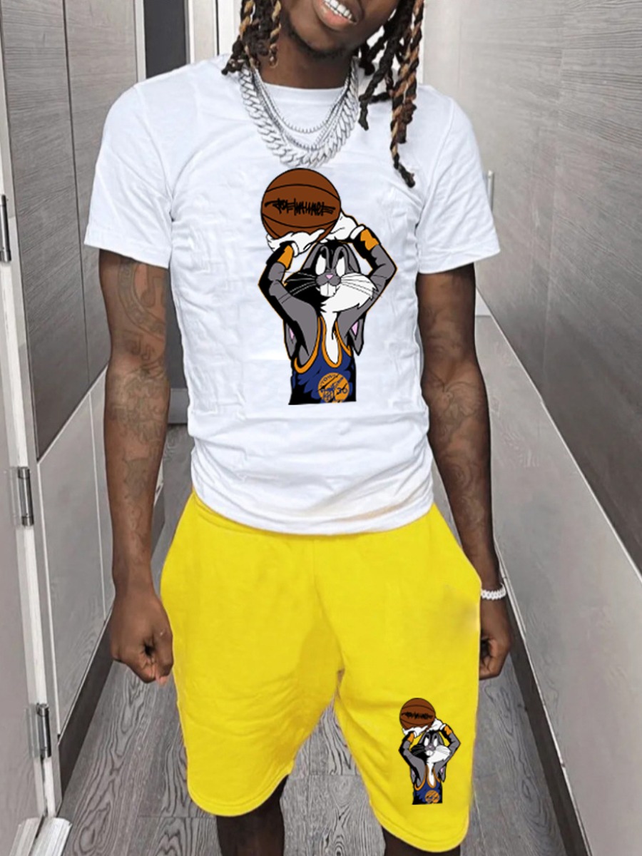 LW BASICS Men Basketball Cartoon Print Shorts Set