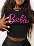 LW Barbie Letter Print Rib Knit Crop Top T-shirt