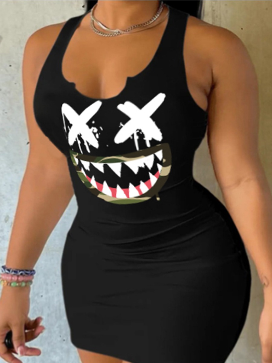 LW Plus Size Fish Mouth Print Bodycon Cami Dress