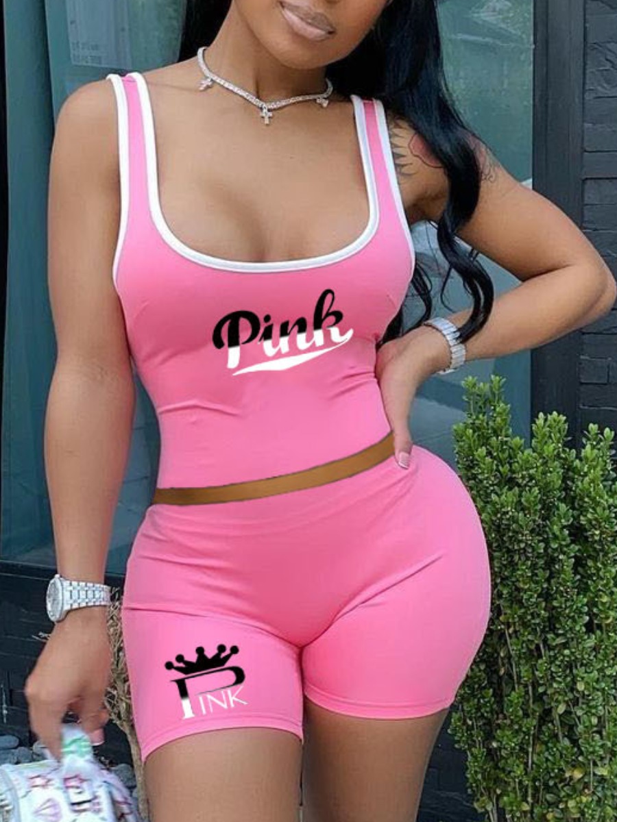 LW Crown Pink Letter Print Shorts Set