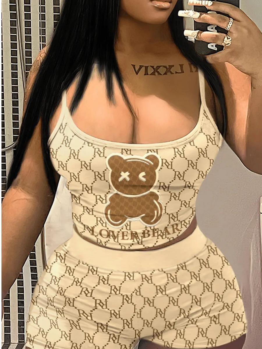 LW Bear Print Cartoon Geometric Print Skinny Shorts Set
