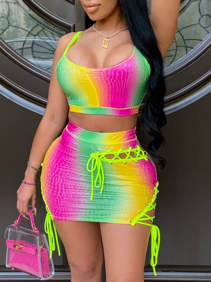 LW Crop Top Gradient Bandage Cut Out Design Skirt 