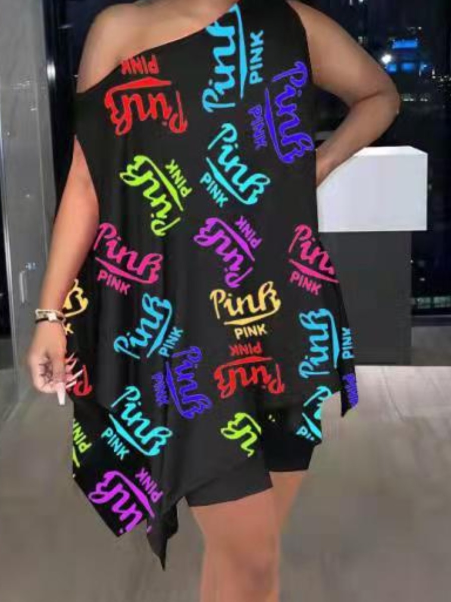 LW Plus Size One Shoulder Pink Letter Print T-shirt