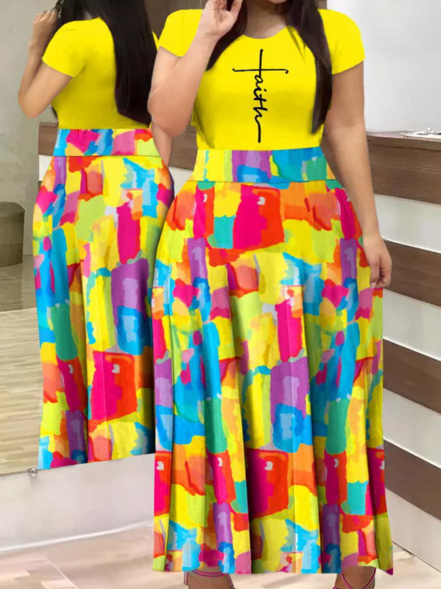 LW Plus Size Faith Letter Print Patchwork A Line Dress