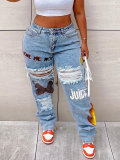 LW Plus Size Butterfly Letter Print Ripped Jeans