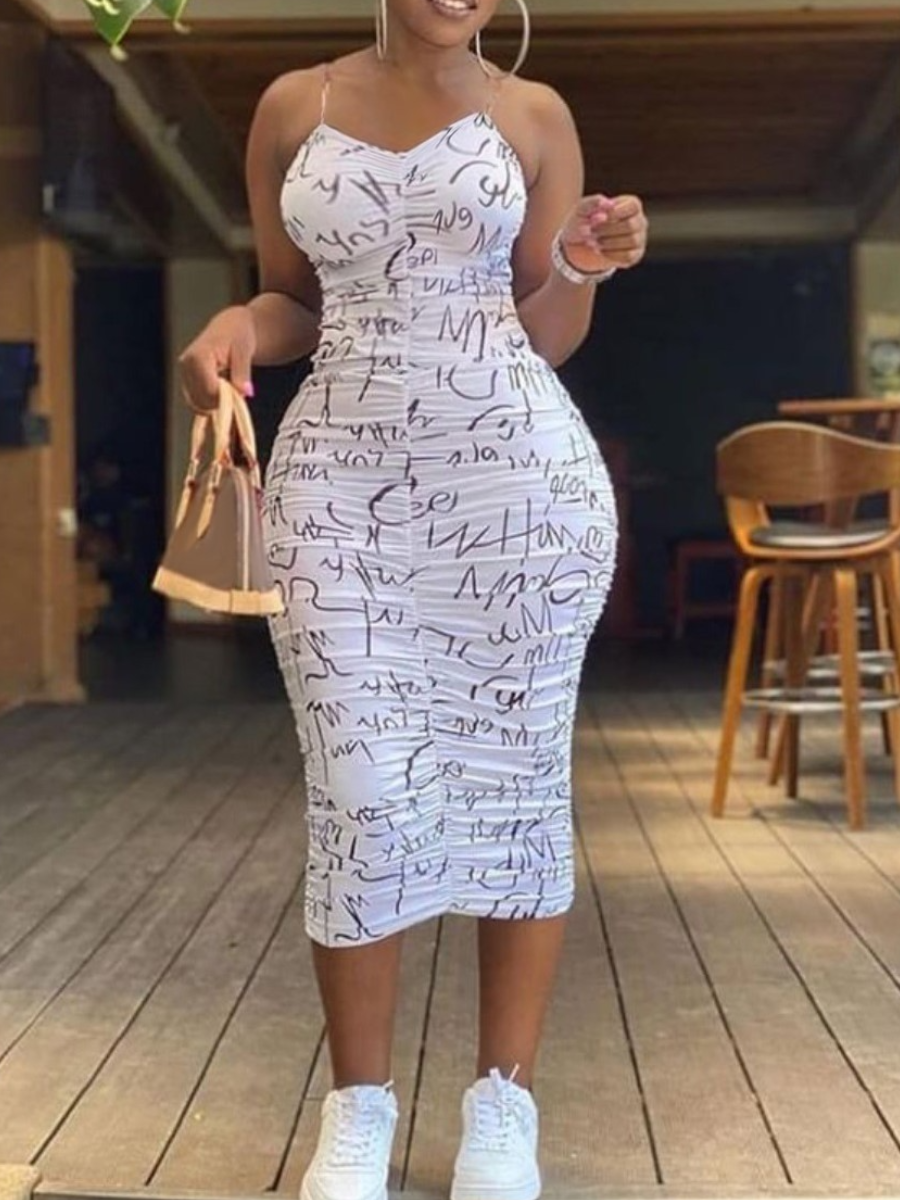 LW Plus Size Letter Print Ruched Bodycon Cami Dress