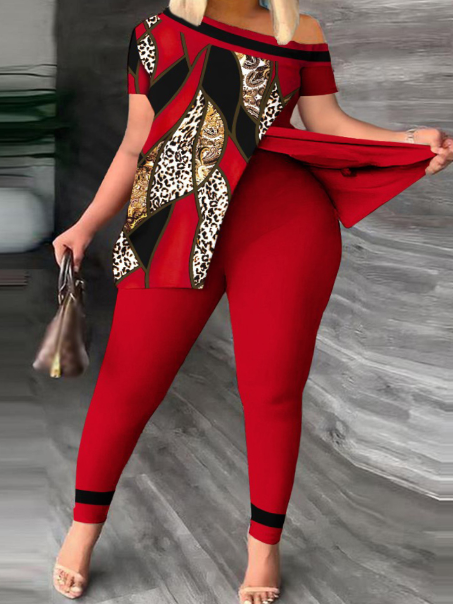 LW Plus Size Leopard Print Striped Split Pants Set