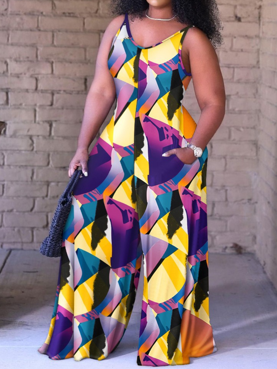 LW Plus Size Mixed Print Wide Leg Pocket Design Jumpsuit