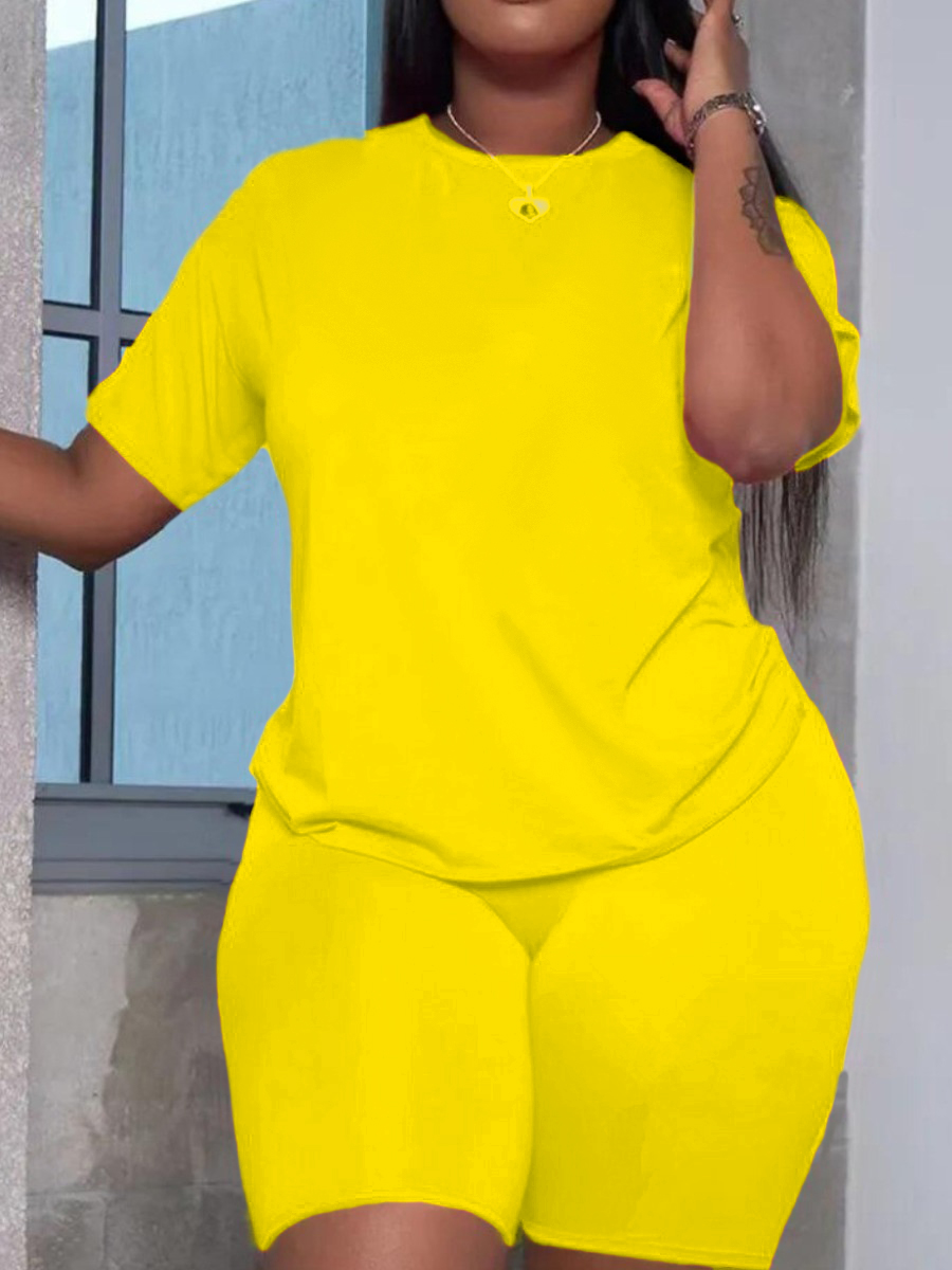 LW BASICS Plus Size Round Neck Skinny Stretchy Shorts Set
