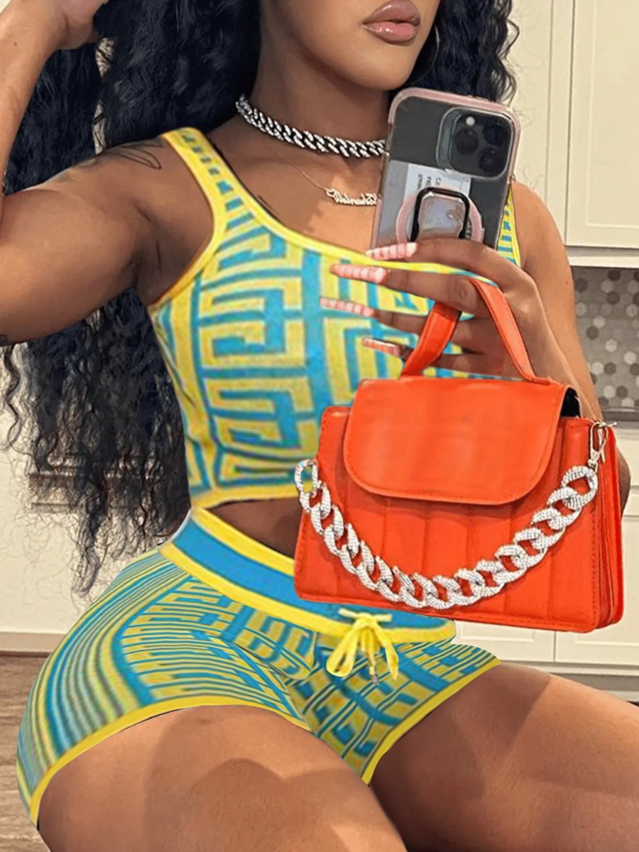 LW Crop Top Geometric Print Drawstring Shorts Set