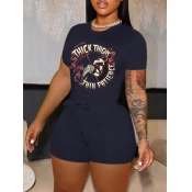 LW Letter Mixed Print Drawstring Shorts Set
