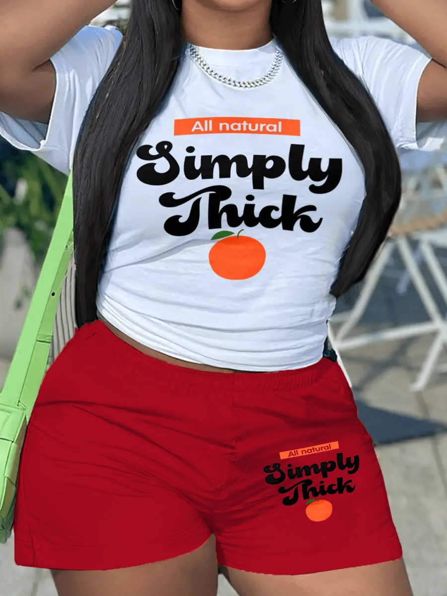 LW Plus Size Orange Fruit Letter Print Shorts Set
