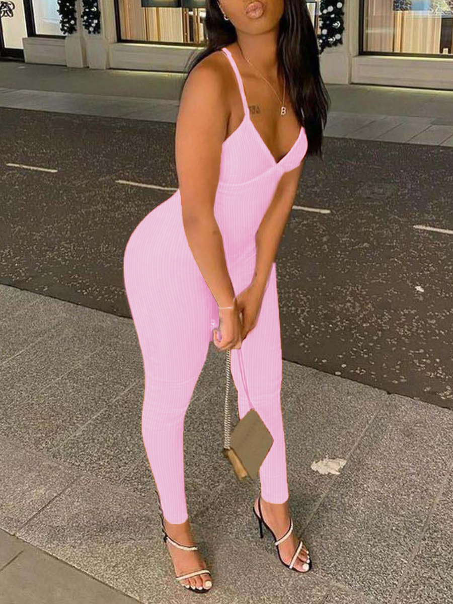 LW BASICS Cross Strap Backless Rib Knit Jumpsuit