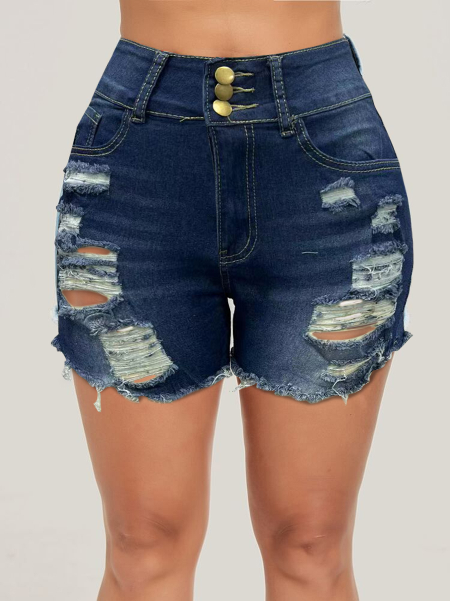 LovelyWholesale Mid Waist Ripped Raw Edge Stretchy Denim Shorts Summer Casual Spring Summer 2024