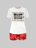 LW Leisure Camo Print Orange Two-piece Shorts Set