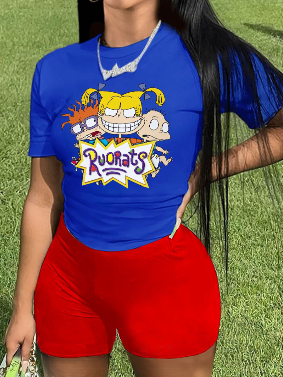 LW Plus Size Cartoon Letter Print Skinny Shorts Set