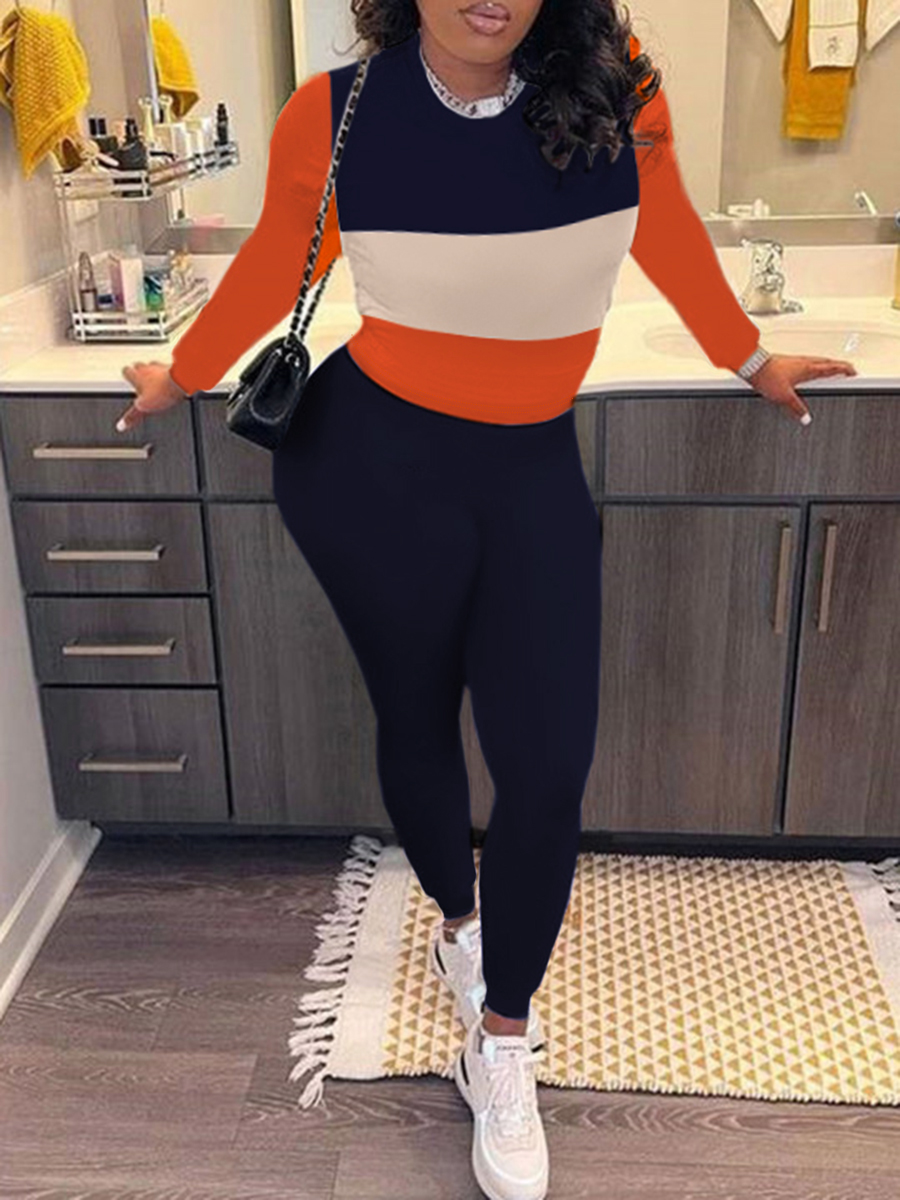 LW Round Neck Striped Patchwork Pants Set