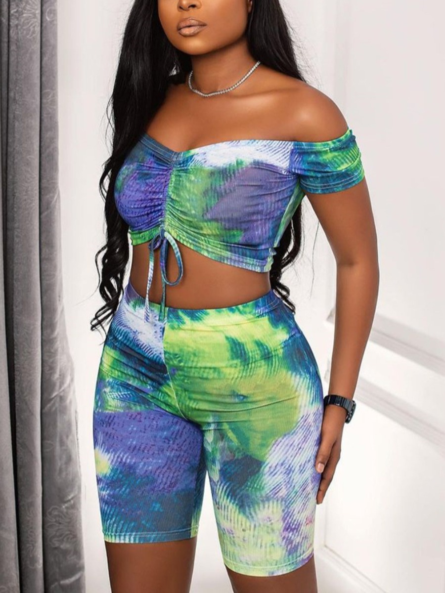 LW Off The Shoulder Tie Dye Drawstring Shorts Set