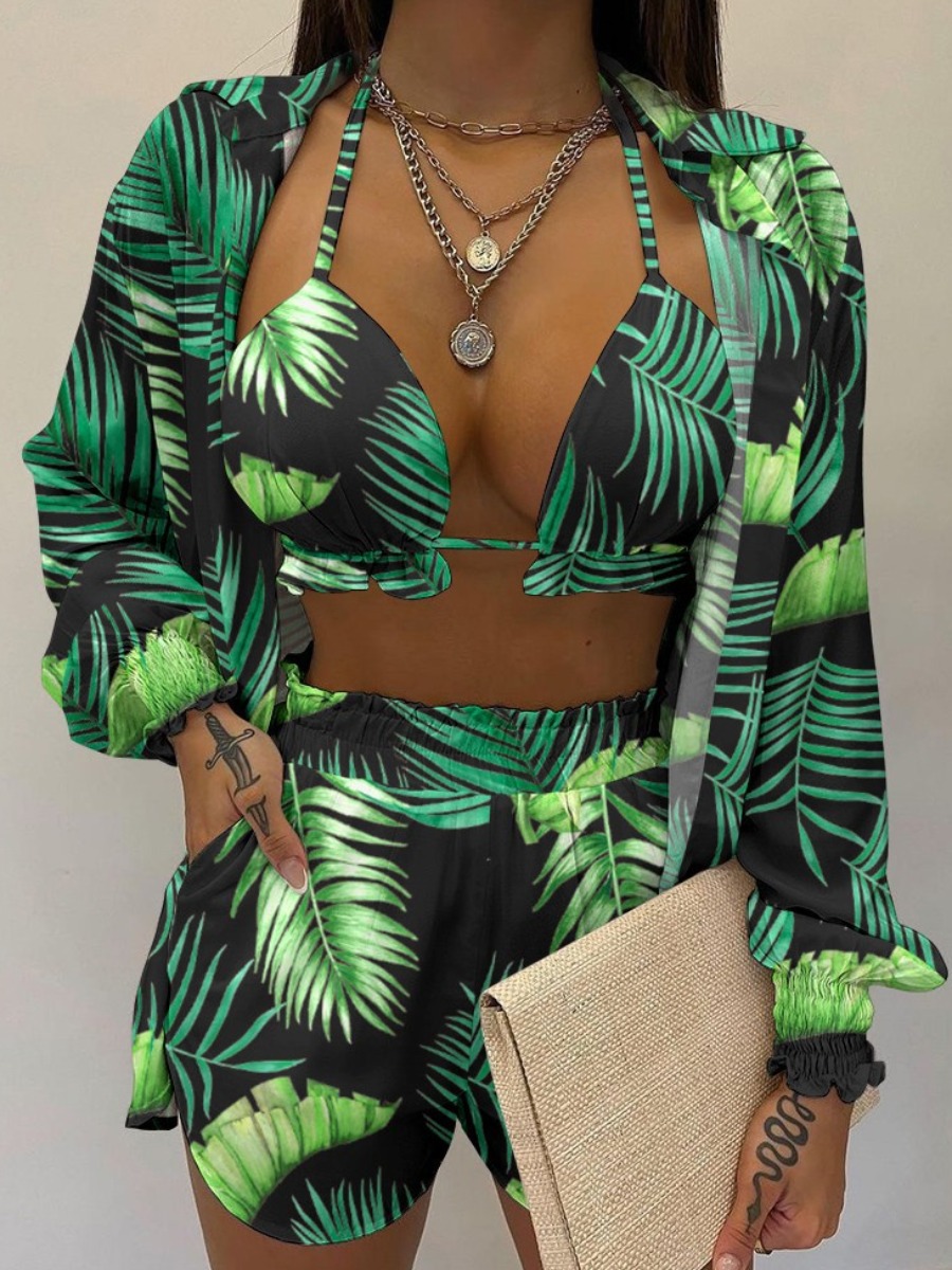 LW Plus Size Lantern Sleeve Floral Print Three-piece Shorts Set