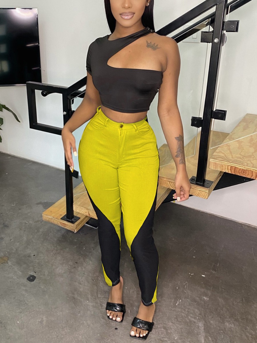 LovelyWholesale One Shoulder Crop Top Skinny Pants Set Spring Short Sleeve Casual Patchwork Cold Shoulder Spring Summer 2024