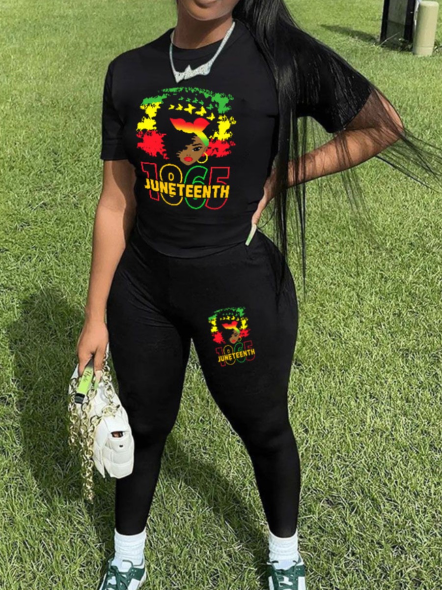 LovelyWholesale Plus Size Print Skinny Two-piece Pants Set Spring Short Sleeve Casual Round Neck  5X Spring Summer 2024