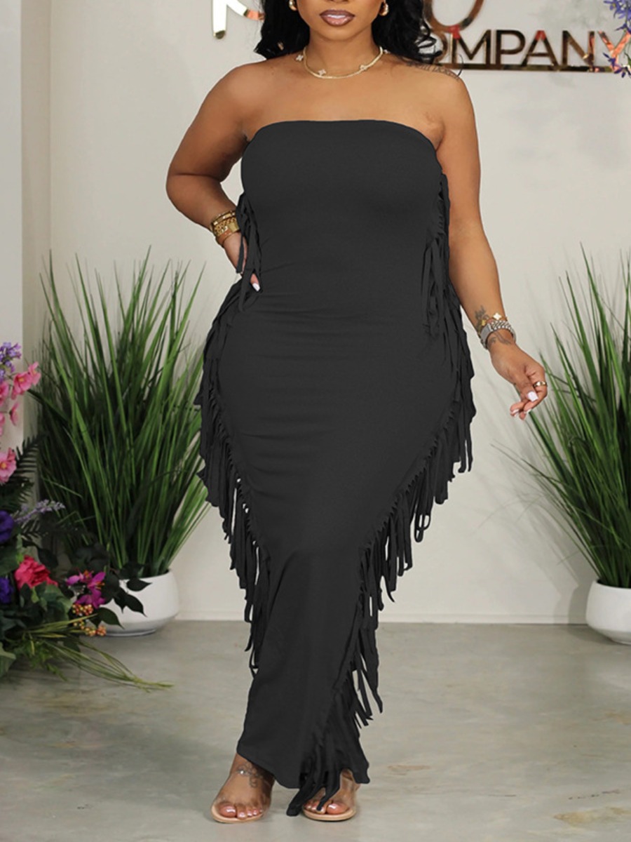 LovelyWholesale SXY Plus Size Tassel Design Bodycon Tube Dress Summer Sleeveless Sxy Tassel Design Strapless  4X Spring Summer 2024