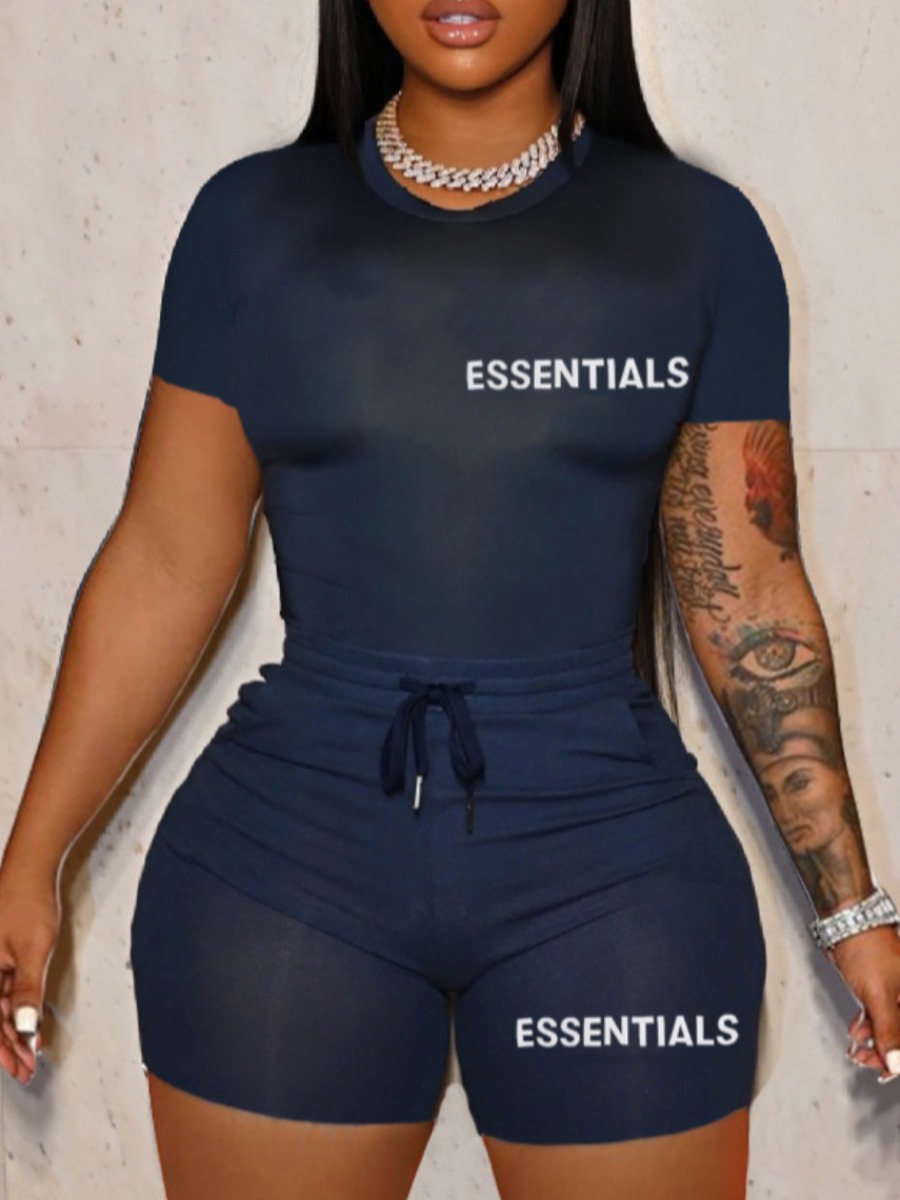 LW Plus Size Essentials Letter Print Drawstring Shorts Set