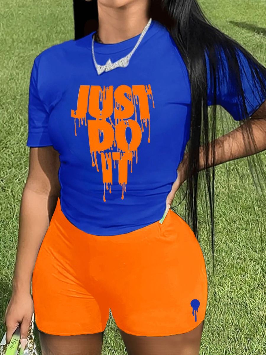 LovelyWholesale Plus Size Just Do It Letter Print Shorts Set Summer Short Sleeve Casual Pattern Round Neck  5X Spring Summer 2024