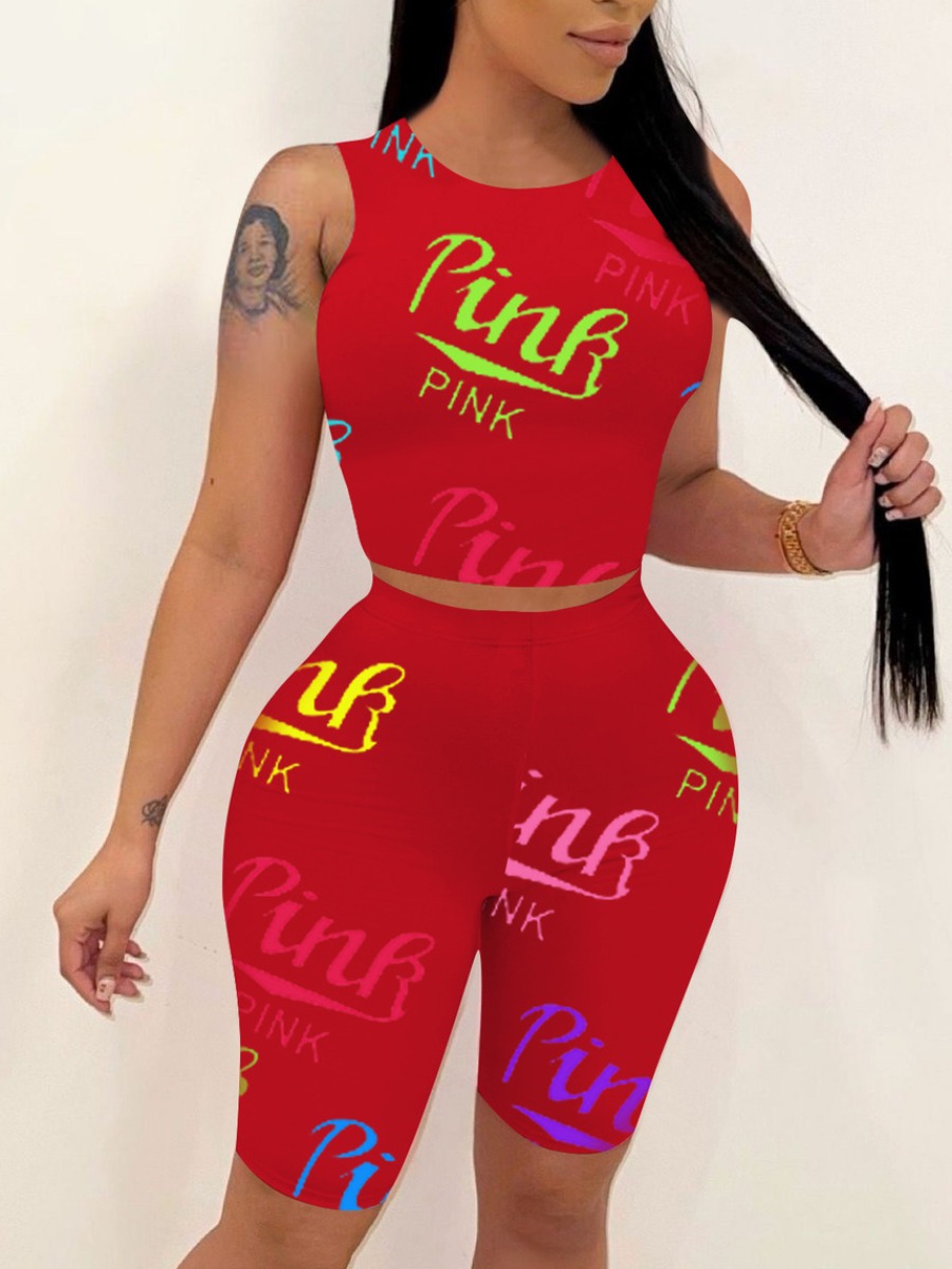 LW Plus Size Crop Top Pink Letter Print Shorts Set