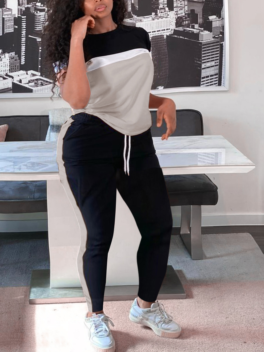 LW Plus Size Striped Patchwork Drawstring Pants Set