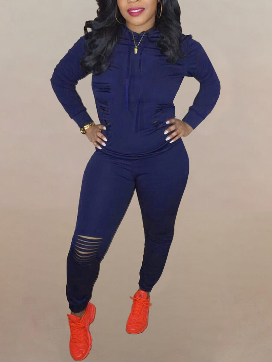LW Hooded Collar Ripped Tracksuit Set