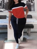 LW Plus Size Striped Patchwork Drawstring Pants Set