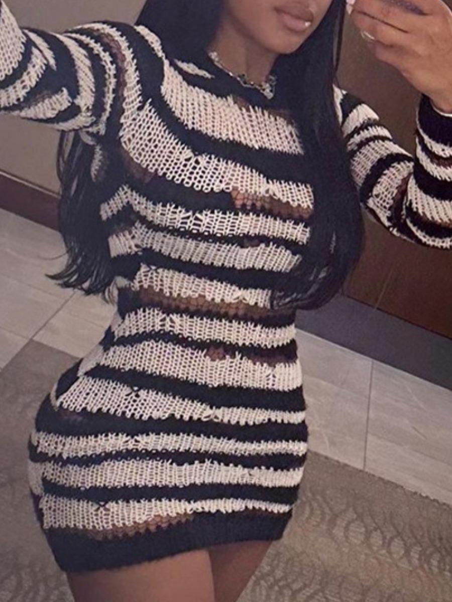 LovelyWholesale Mesh Striped Bodycon Sweat Dress Fall Long Sleeve Casual See Through Round Neck Spring Summer 2024