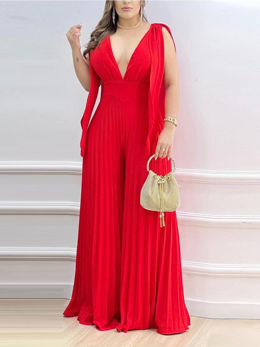 LW Plus Size Split Sleeve Pleated Wide Leg Jumpsui