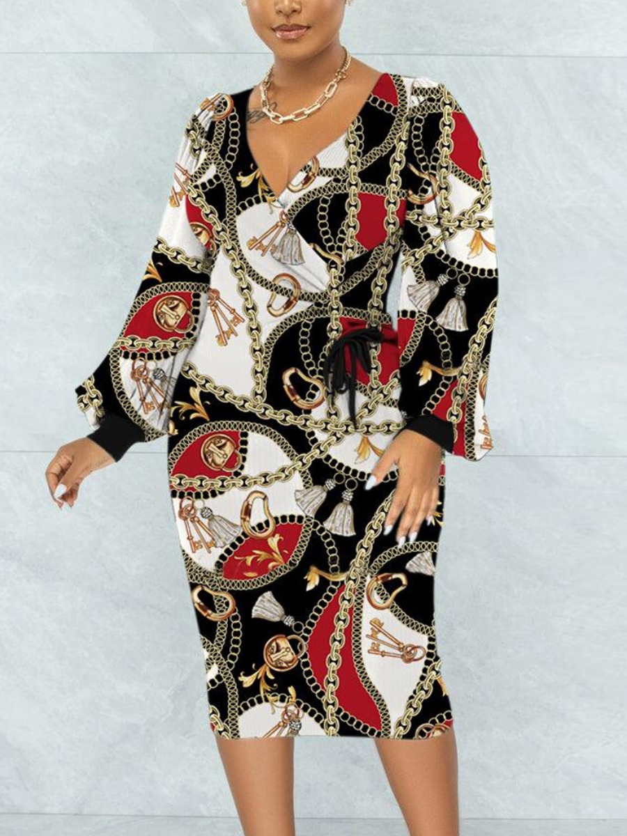 LovelyWholesale Plus Size Chain Print Ruched Drawstring Dress Fall Long Sleeve Vacation Drawstring V Neck  3X Spring Summer 2024