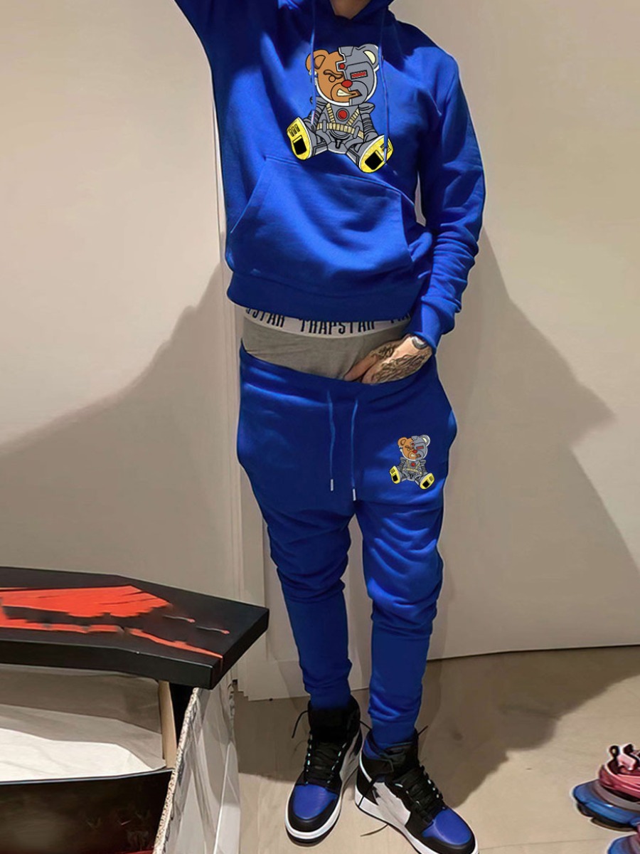LW Men Cartoon Print Kangaroo Pocket Tracksuit Set
