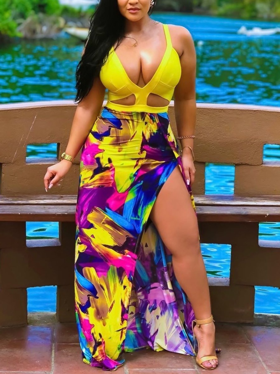 LW Plus Size Mixed Print Cut Out Thigh Slit Dress