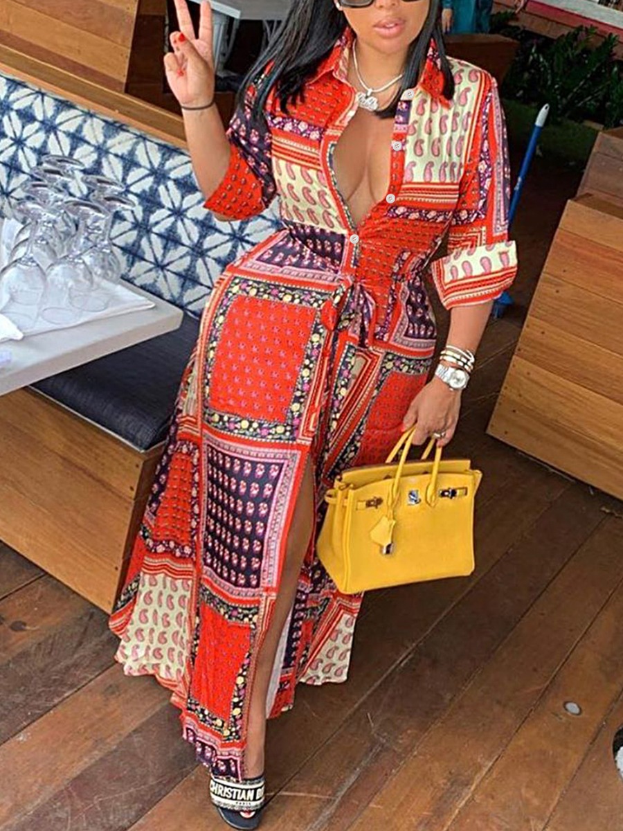 LovelyWholesale Turndown Collar Geometric Print Shirt Dress Fall Long Sleeve Vacation Cardigan Shirt collar Spring Summer 2024