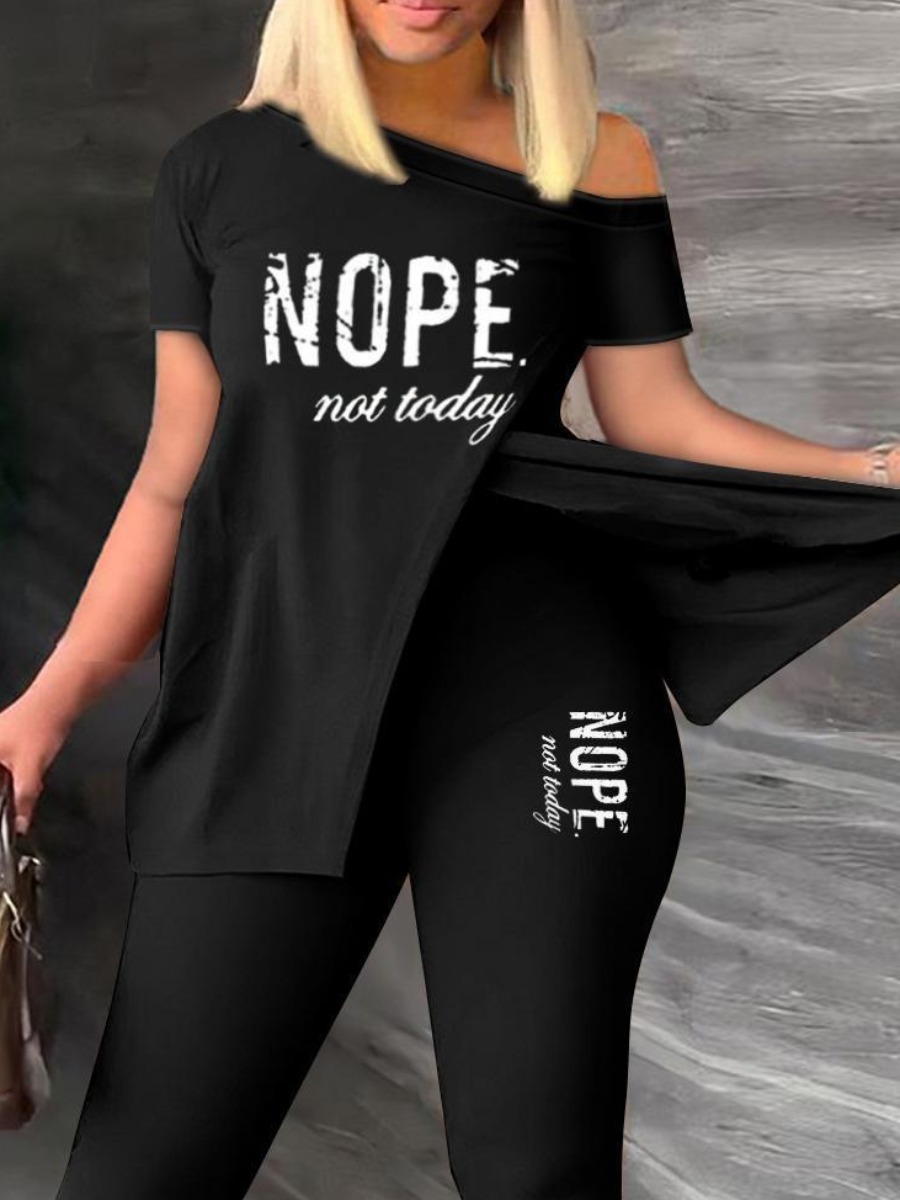 LW Plus Size One Shoulder Letter Print Split Pants Set