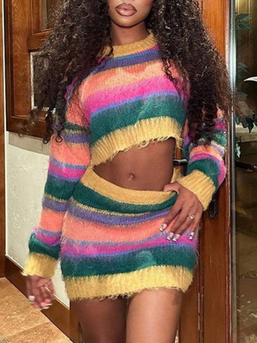 LovelyWholesale Crop Top Striped Cardigan Fall Long Sleeve Casual Crop Top Round Neck Spring Summer 2024