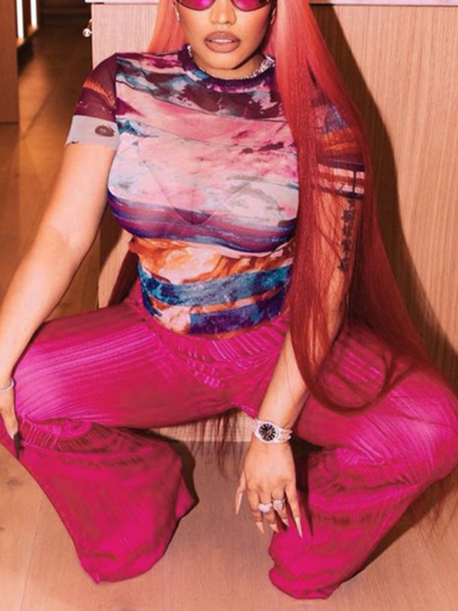 LovelyWholesale Mixed Print See Through Pants Set Spring Short Sleeve Casual Round Neck Spring Summer 2024