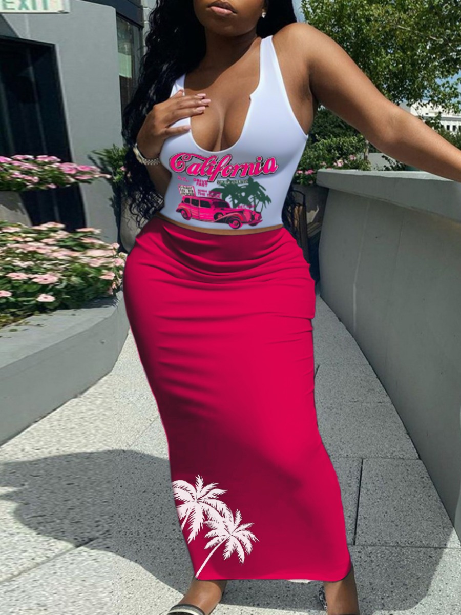 LovelyWholesale Cami Plant Letter Print Skinny Skirt Set Summer Sleeveless Vacation Vests Collarless Spring Summer 2024