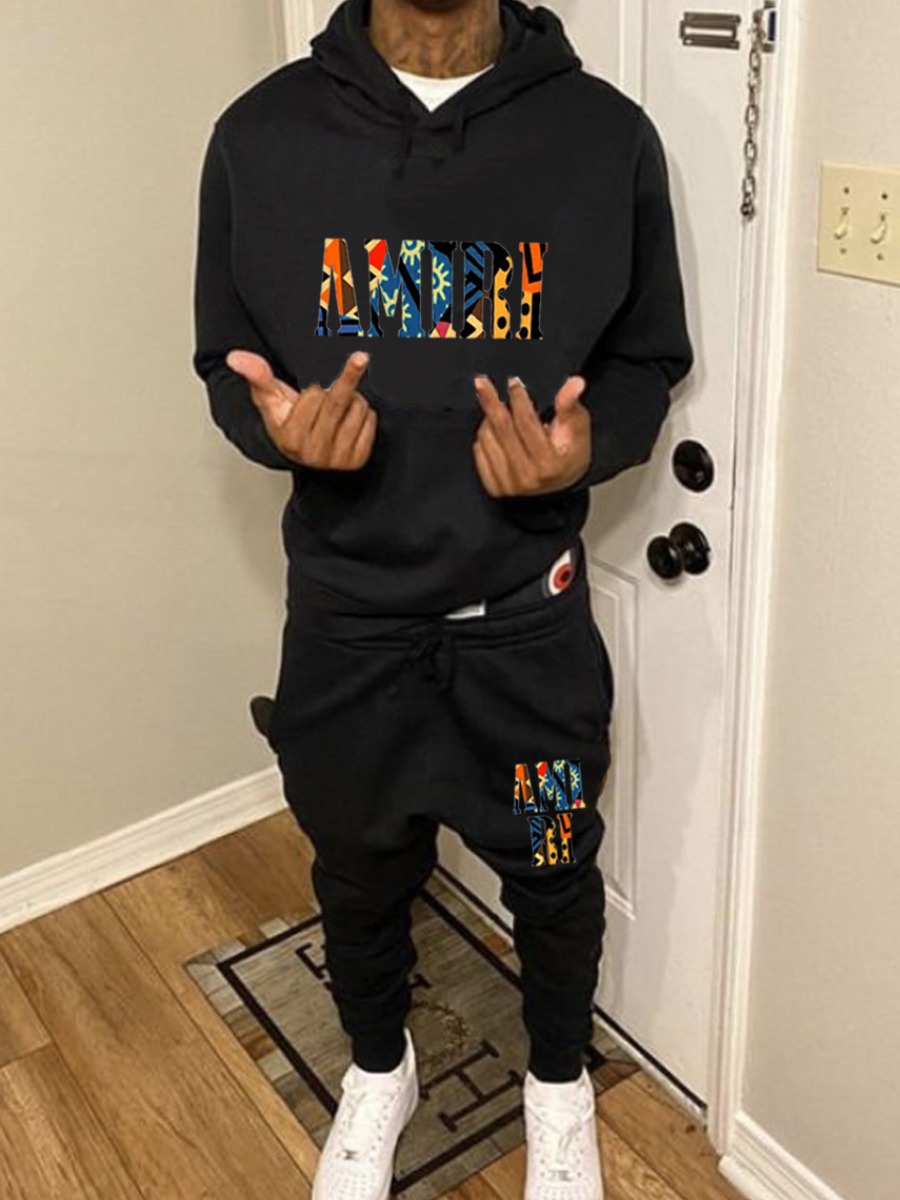 LW Men Letter Print Kangaroo Pocket Tracksuit Set