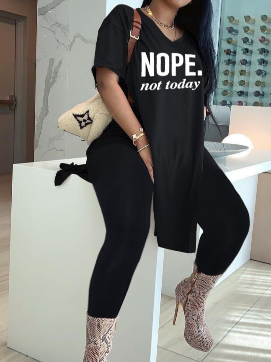 LW Plus Size V Neck Letter Print Side Split Pants Set