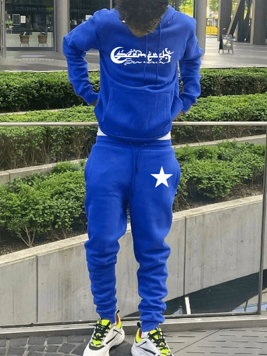 LW Men Star Letter Print Kangaroo Pocket Tracksuit Set
