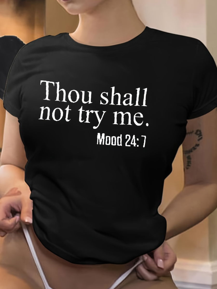 LovelyWholesale Plus Size Thou Shall Not Try Me Letter Print T-shirt Summer Short Sleeve Casual Round Neck  4X Spring Summer 2024