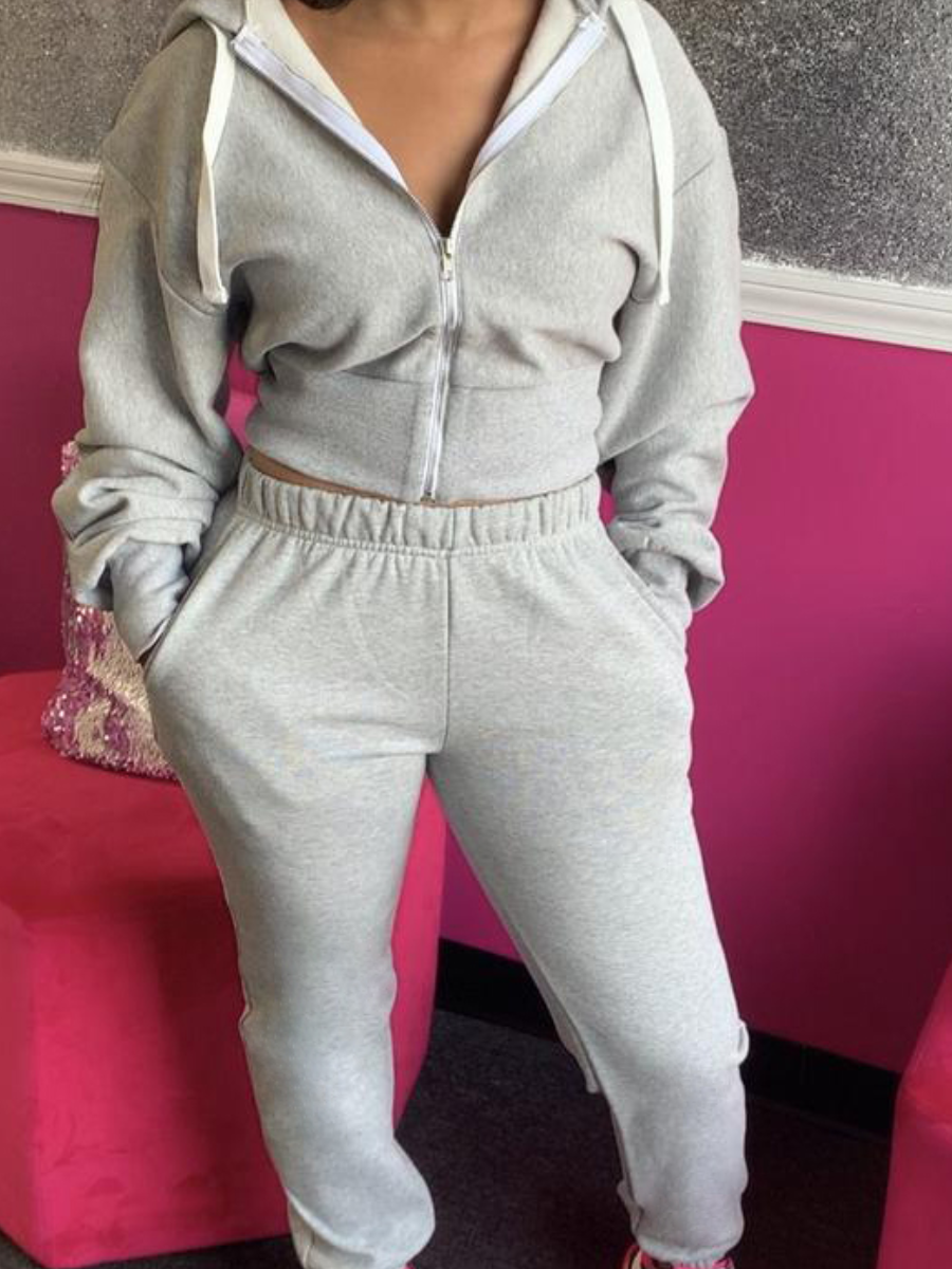 LW Hooded Collar Zipper Design Tracksuit Set