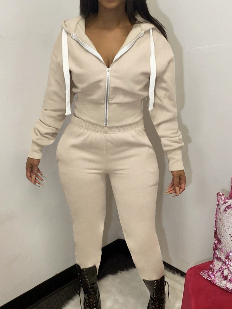 LW BASICS Hooded Collar Zipper Design Tracksuit Set