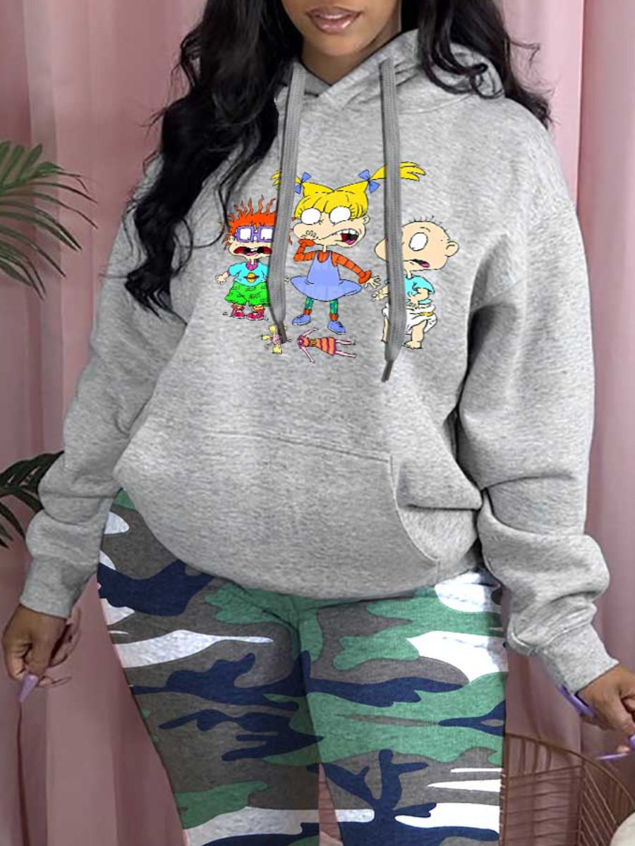 LW Plus Size Cartoon Print Kangaroo Pocket Hoodie