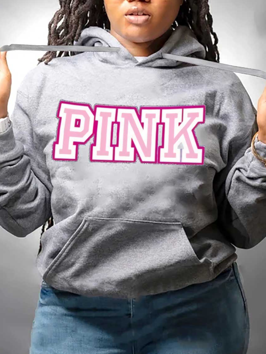 LovelyWholesale Plus Size Pink Letter Print Hoodie Fall Long Sleeve Casual Hooded Collar  5X Spring Summer 2024